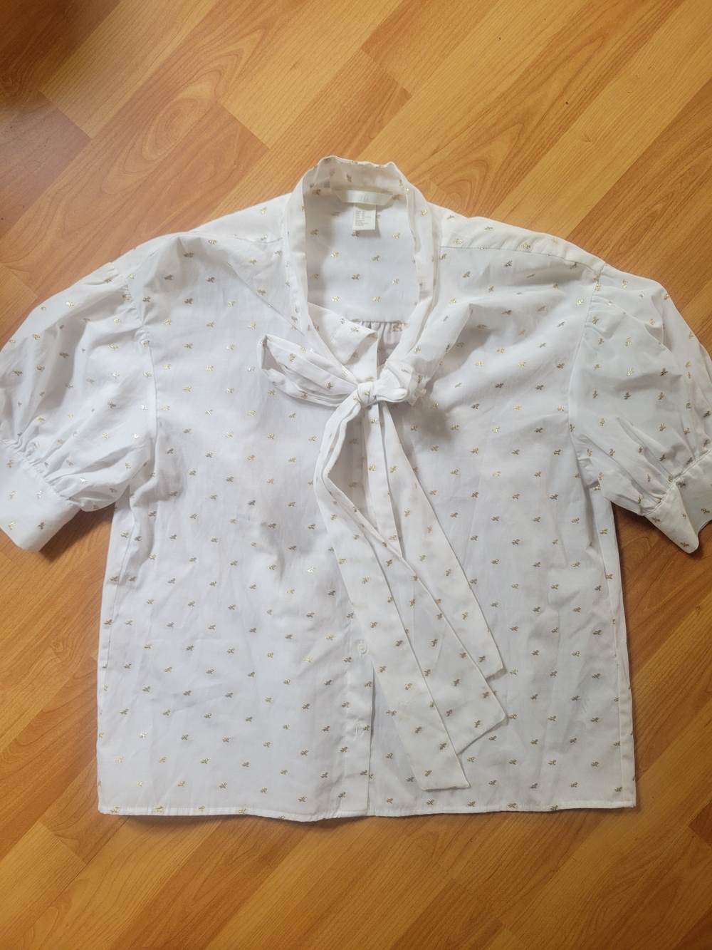 H&M White Blouse with Gold Dot Accent and Tie Neck